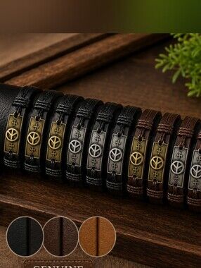 Genuine Leather Peace Symbol Bracelet | Adjustable Unisex Wristband